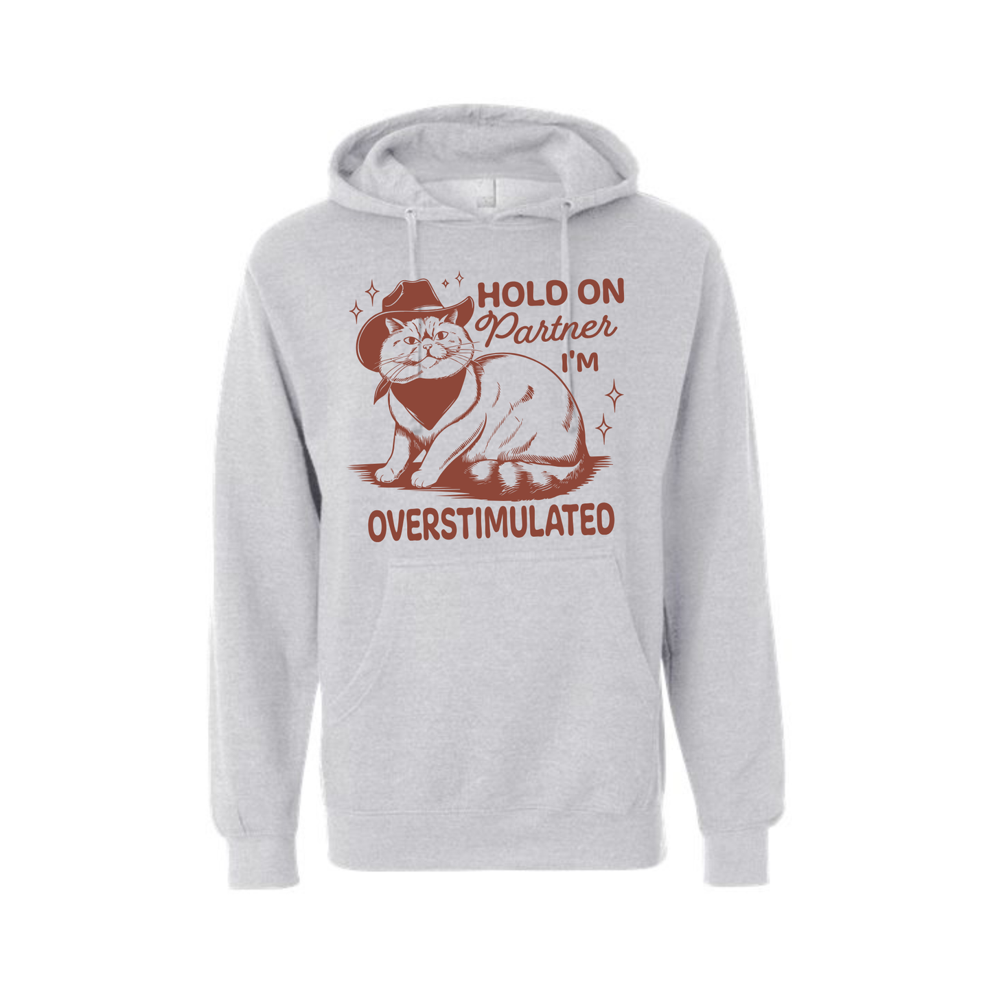 Hold On Partner I’m Overstimulated Hoodie – Funny Cowboy Cat Graphic Hoodie