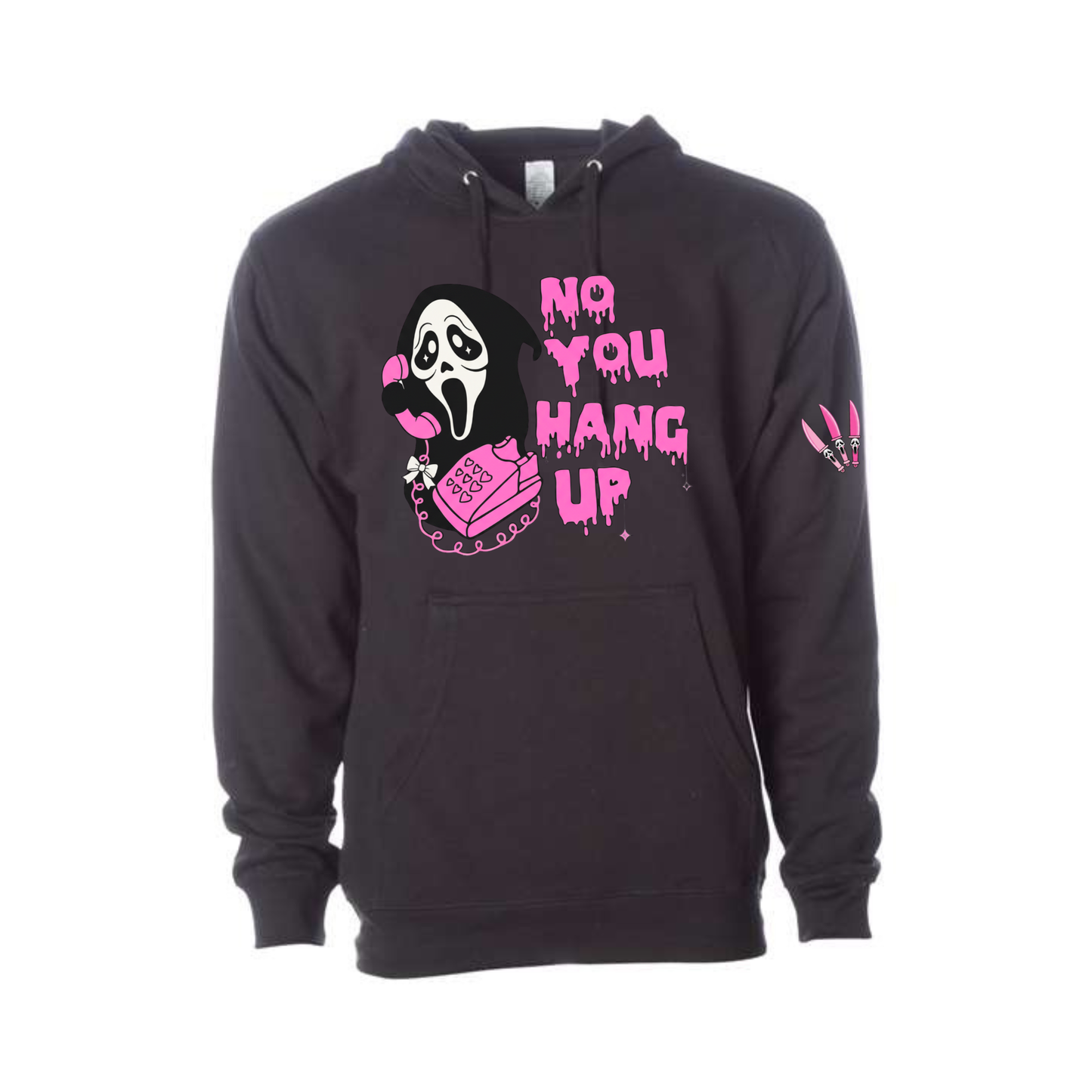 No You Hang Up Horror Hoodie – Pink Spooky Slasher Graphic Sweatshirt