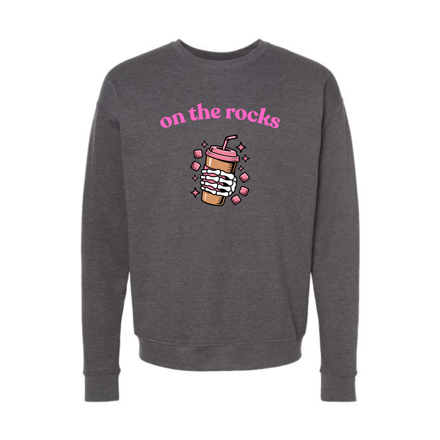 On The Rocks Coffee Sweatshirt | Funny Skeleton Coffee Crewneck | Cozy Tultex Fleece Pullover | Cute Pink Coffee Lover Sweatshirt
