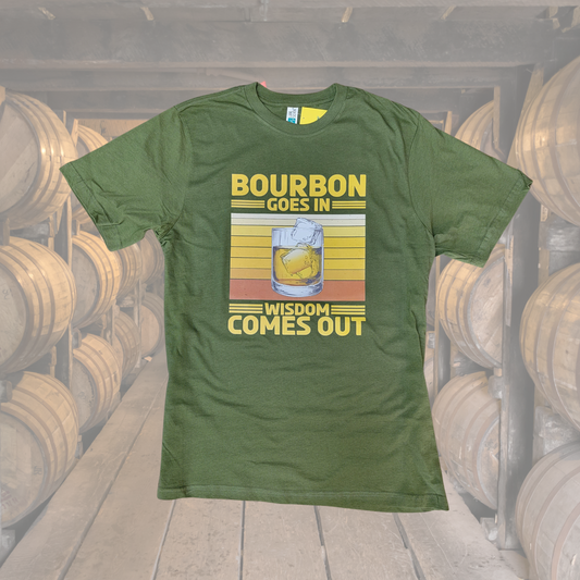 Vintage Bourbon T Shirts for Men, Bourbon Goes in Wisdom Comes Out, Classic Funny Novelty T-Shirt for Dad, Father, or Brother, Short Sleeve Tee